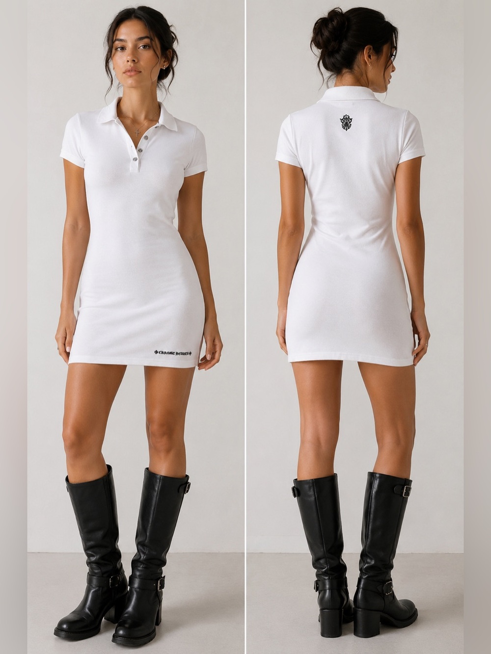 CHROME HEARTS Y NOT White Rib Knit Polo Mini Dress .925 Sterling Silver Hardware